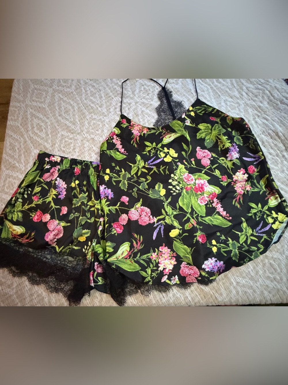Victoria's Secret Black Floral Satin Cami & Shorts Pajama Set